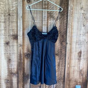 Flora Bell Flower Pedal Detail Satin Babydoll Chemise Slip w/tie Black Lingerie